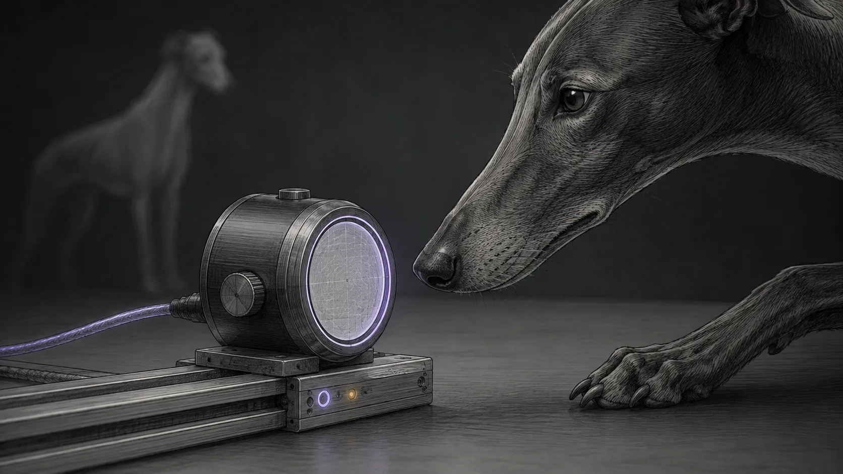 An illustrated sighthound engineer studying an instrument.