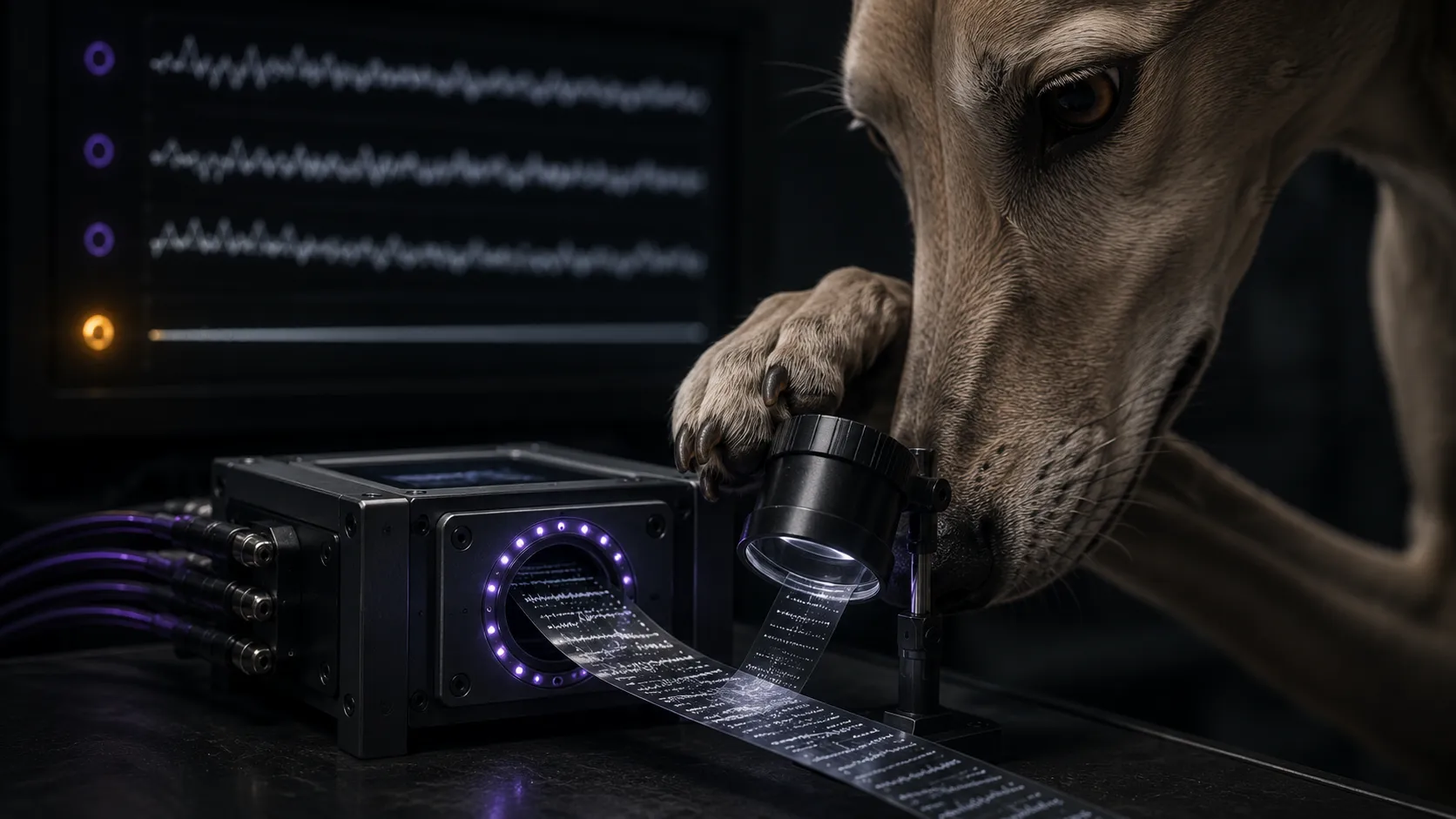 A sighthound examining an illuminated trace tape through a bench loupe, waveform screens behind, one amber lamp among the violet indicators