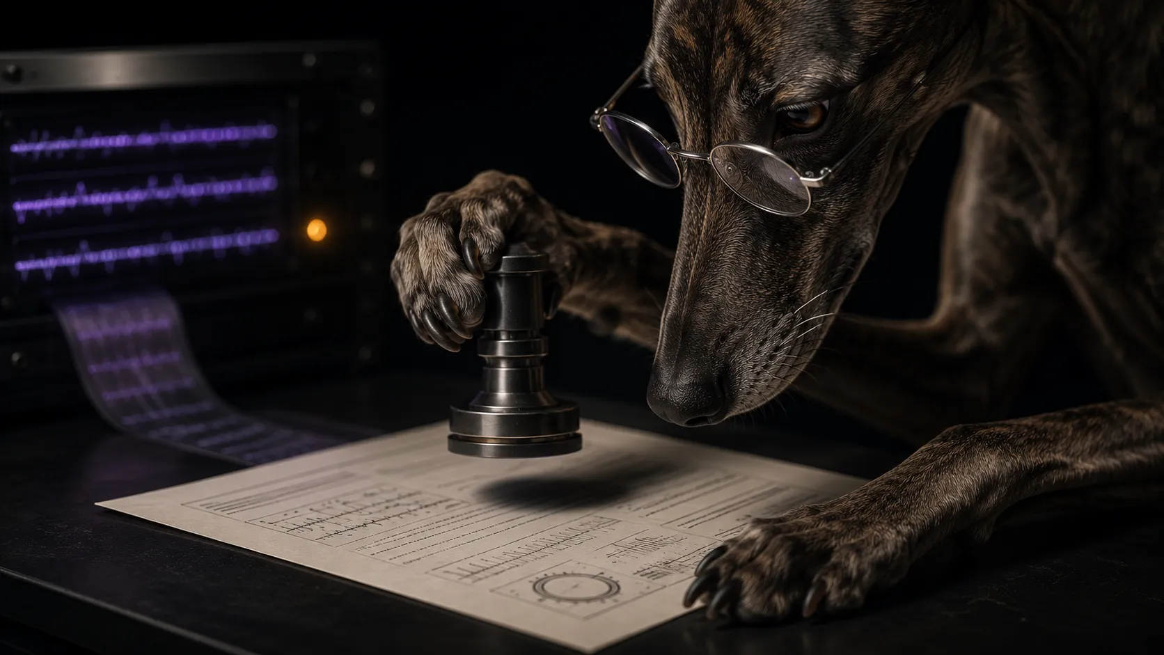 A brindle sighthound in spectacles pressing a metal stamp onto a printed protocol sheet, violet trace tape spooling from an instrument behind