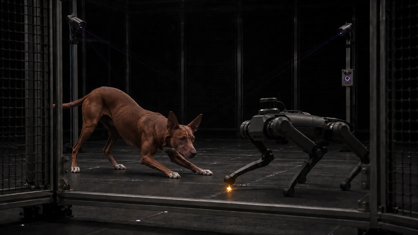 A pharaoh hound and a robot quadruped facing each other inside an instrumented enclosure, tracking cameras above, one small amber marker on the floor between them
