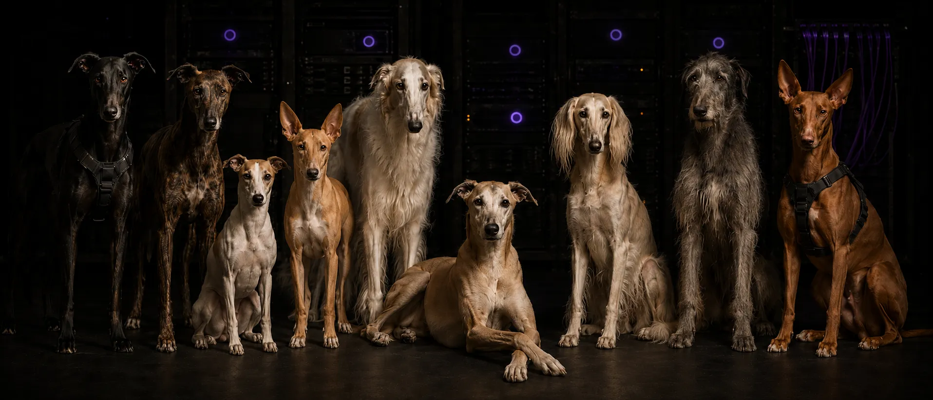 Nine sighthounds of different breeds posed as a research cohort in front of dark server racks with violet indicator rings