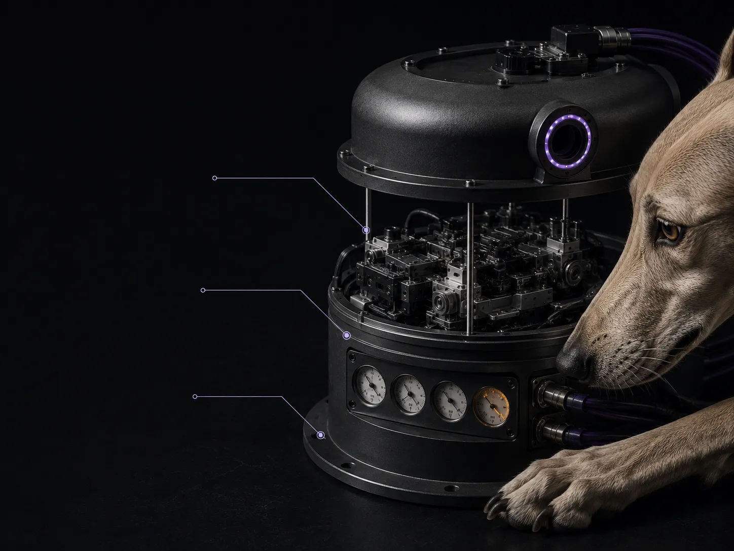 A dark cylindrical instrument with an exposed middle stage, four gauges and violet cabling, annotated with thin callout lines, a sighthound inspecting it from the right