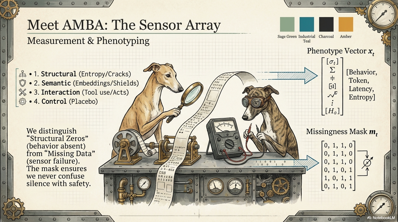 Two lurchers at a workbench with magnifying glass, test probes, multimeter, and ticker tape, representing the AMBA sensor array