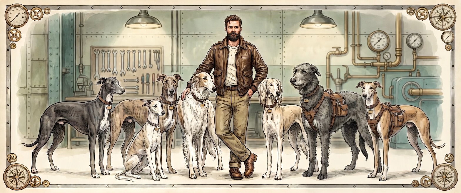 Squadron photograph: founder in a leather bomber jacket standing among seven sighthound engineers in an industrial workshop, each wearing a brass name tag