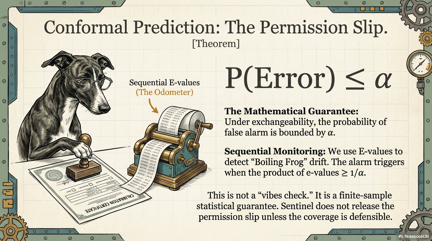 Dark lurcher with spectacles stamping a calibration certificate beside a ticker tape machine