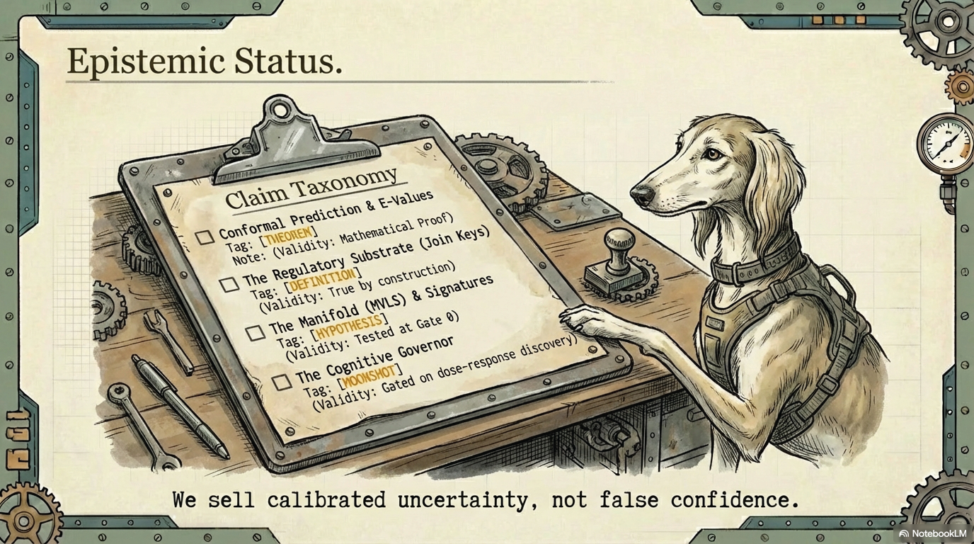 Lurcher reviewing a clipboard that categorises claims by theorem, definition, hypothesis, and moonshot