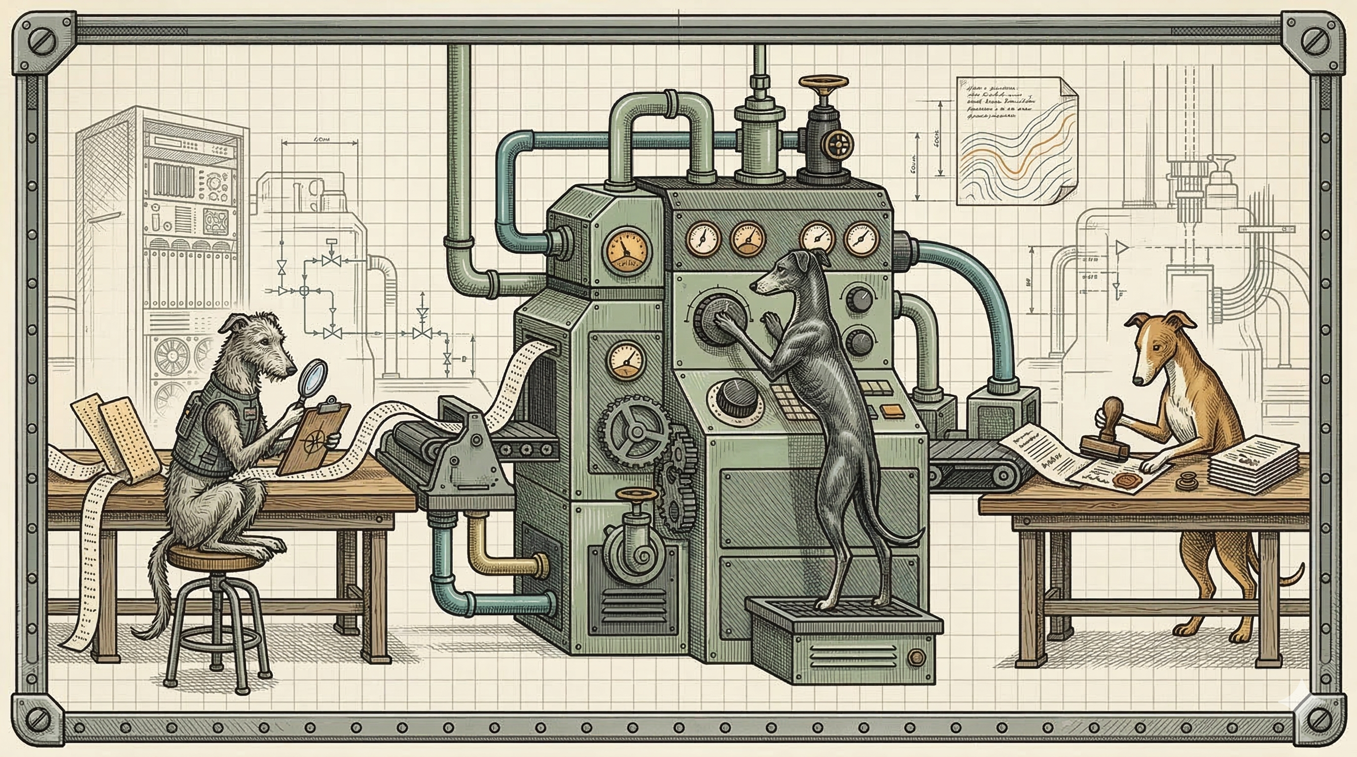 Three sighthounds along a horizontal flow: traces and ticker tape on the left, the TED industrial apparatus in the centre, and a sealed evidence bundle on the right
