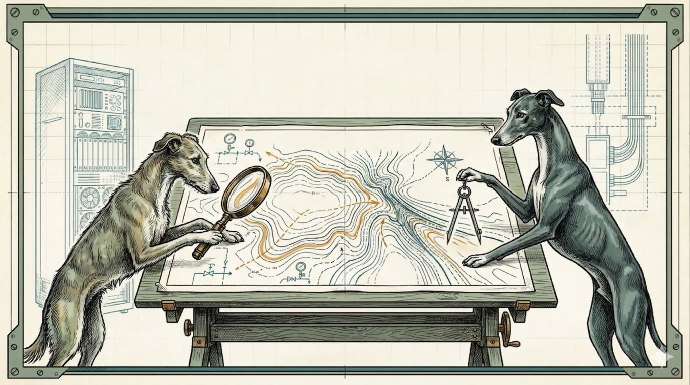 Two sighthounds at a drafting table examining a contour map with magnifying glass and dividers, in a 1940s technical drawing aesthetic