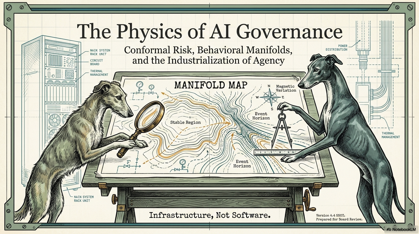 Two lurchers inspecting a manifold map at a drafting table in a 1955 industrial manual style