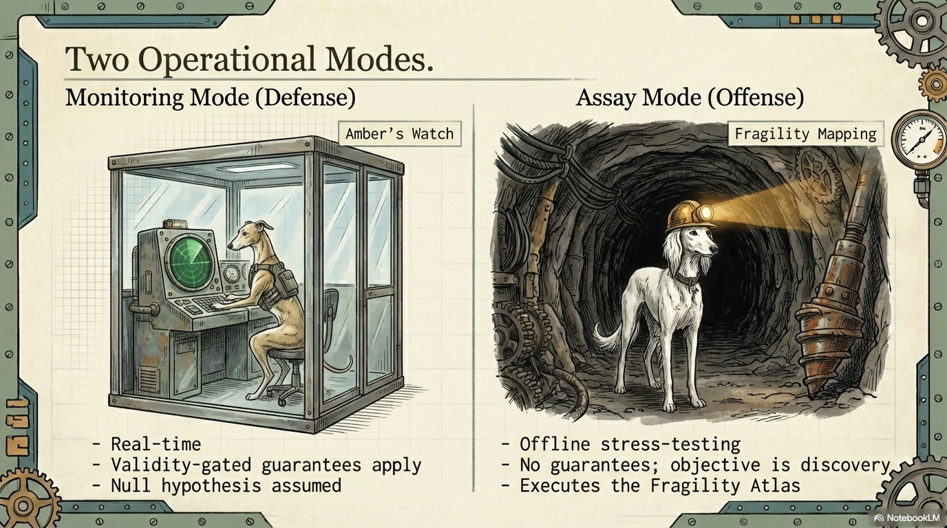 Split illustration: left shows a lurcher in a monitoring booth, right shows a lurcher in a cave with a lantern