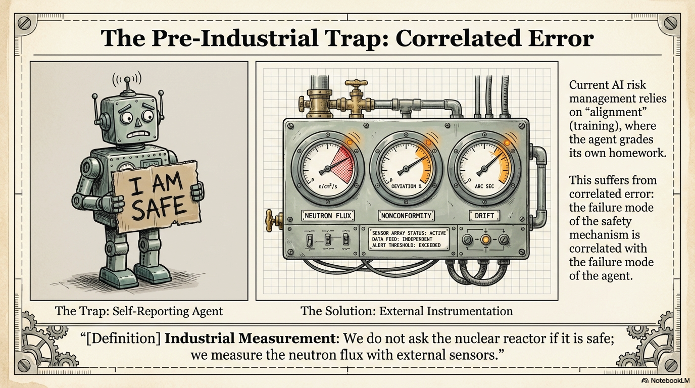 Illustration contrasting the trap of self-reporting agents with the solution of external instrumentation