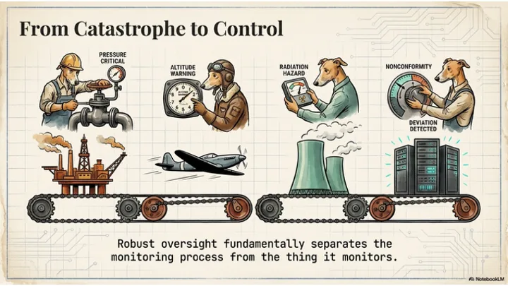 From catastrophe to control – timeline showing oil, aviation, nuclear, and AI domains each learning the same measurement lesson