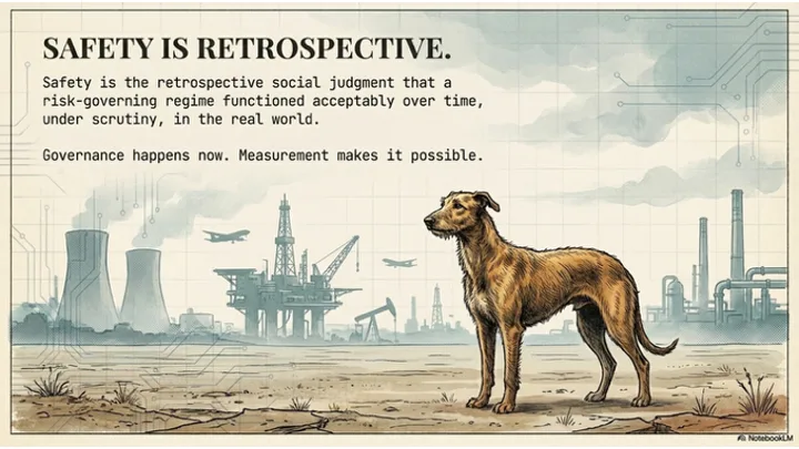 Safety is retrospective – a solitary lurcher engineer stands before an industrial landscape, contemplating the long view of governance
