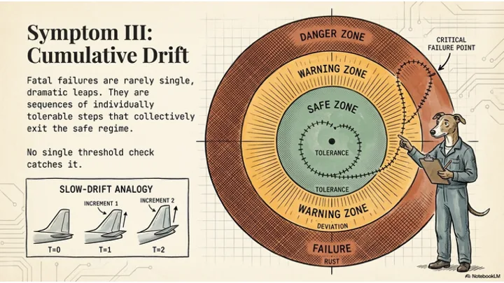 Cumulative drift – bullseye target showing a trajectory spiralling outward through individually tolerable steps