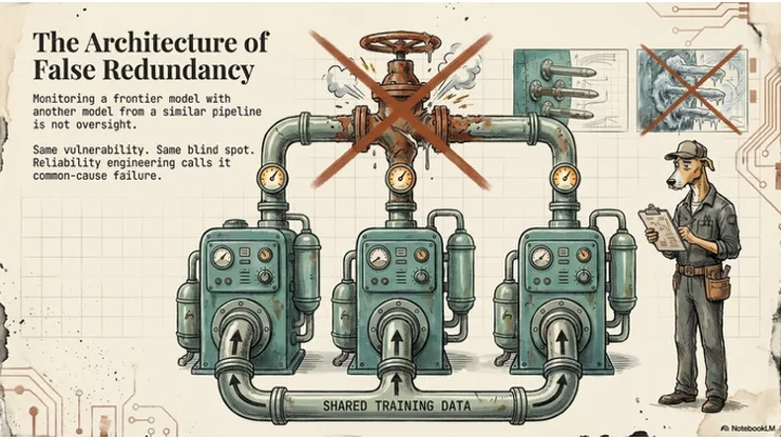 The architecture of false redundancy – three identical machines on a shared foundation, illustrating common-cause failure in AI monitoring