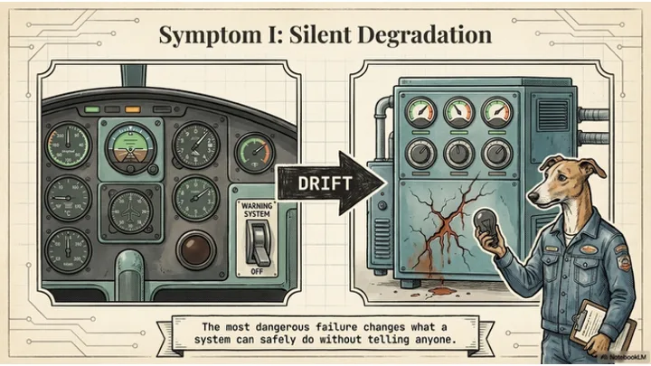 Silent degradation – split frame showing cockpit instruments reading normal while the system has secretly degraded