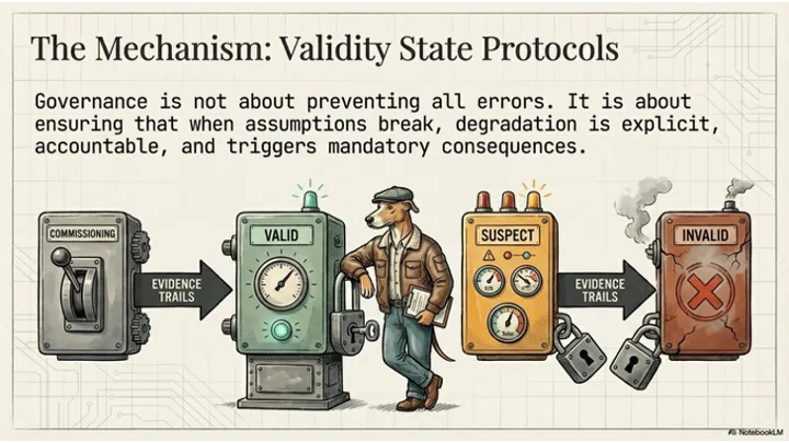 Validity state protocols – four industrial gate mechanisms representing Commissioning, Valid, Suspect, and Invalid states with evidence trails between each